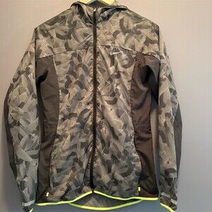 Nike Windbreaker Jacket Womens Small Gray Black Geometric Hooded Full Zip